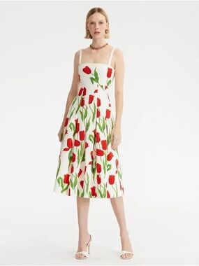 Oscar de la Renta White Midi Dress with Red Tulip & Green Leaf Print